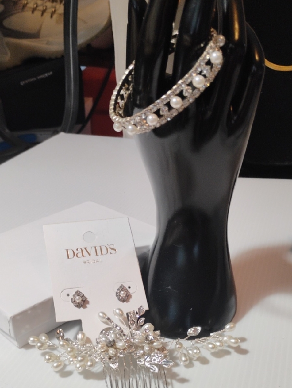 David's Bridal Wedding Set Includes Bracelet Earrings And Hair Clip Like New